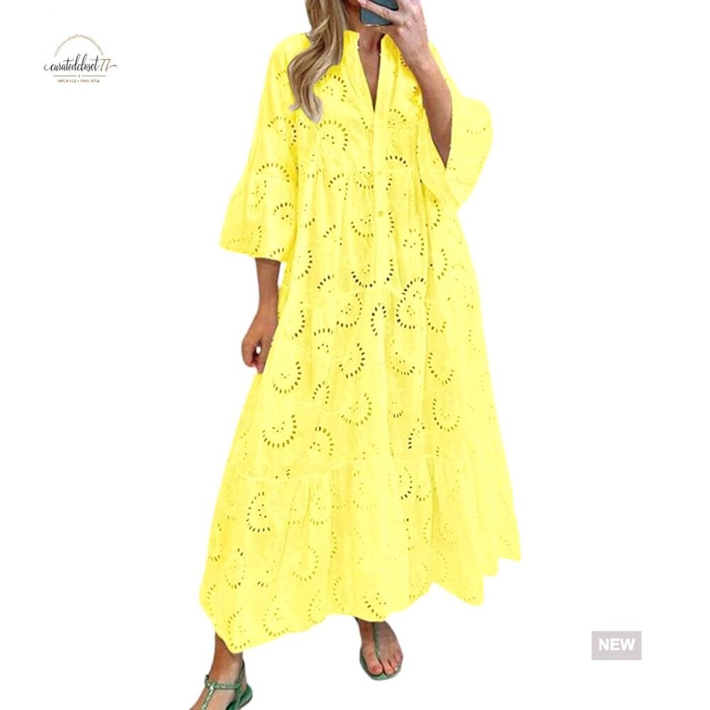Lace Eyelet Maxi Dress V-Neck Trumpet Sleeve Boho Swing Summer Casual